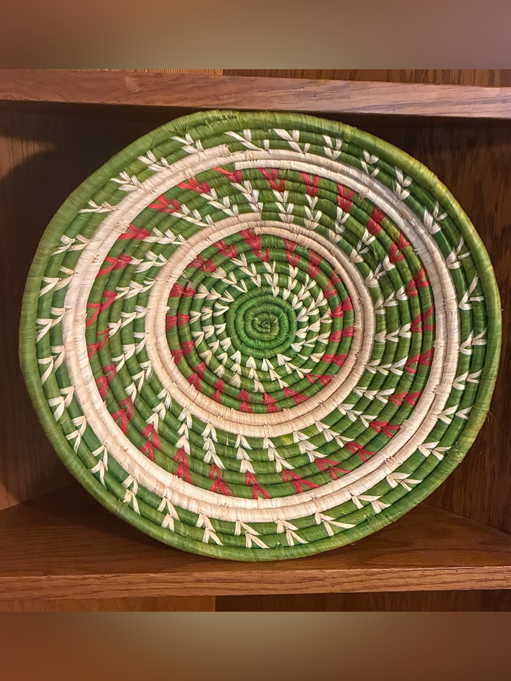 Hand Crafted East African Uganda Green, Red & Cream Woven Basket